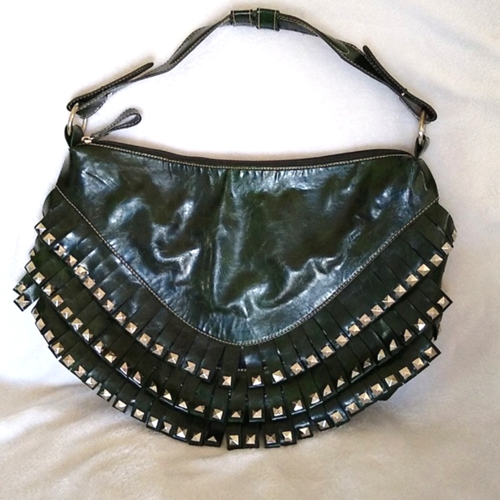 CHOCOLATE fringe hobo bag with studs